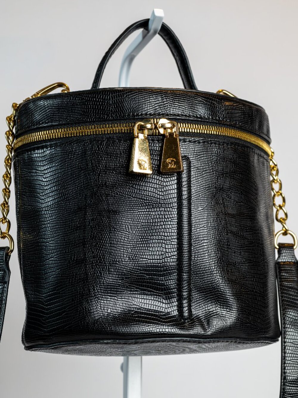 Snob Essentials Black Embossed Crossbody Train Case Bag Gold Hardware